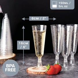 MATANA 24 Premium Plastic Champagne Flutes with Silver Glitter, 150ml - Reusable Toasting Glasses, Cocktail Prosecco Glasses for Weddings, Birthdays, Christmas, BBQ, Parties