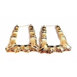 Unbranded BAMBOO HOOP EARRINGS GOLD AND SILVER TONE SQUARE PUFFED OLD SCHOOL HOOPS 3 INCH - GOLD