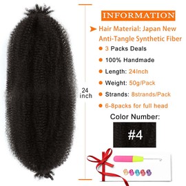 Dark Brown Springy Afro Twist Hair Color 4 24 Inch 3 Packs Afro Twist Braiding Hair Pre-Separated Afro Twist Hair For Distress Locs Crochet Hair (24 Inch, 3packs, 4#)