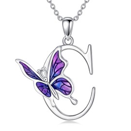 LONAGO Initial Necklace for Women 925 Sterling Silver Purple Butterfly with A-Z 26 Letters Pendant Necklace for Graduation Gifts, Sterling Silver, No Gemstone