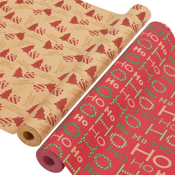 AhfuLife 2 Rouleau Kraft Papier Cadeau de Noël, 43cm×15m Recyclable Papier d'Emballage avec Motifs Fins pour Enfant Emballage des Cadeaux de Noël, Décoration de Noël (Kraft Marron)