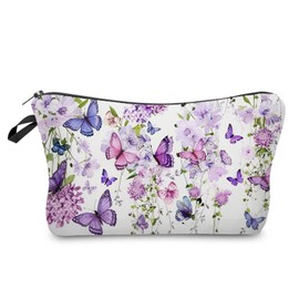 Livel lhood Purple Floral Butterfly Makeup Bag Cute Small Organizer Zipper Pouch Purple Floral Butterfly Cosmetic Bag Aesthetic Birthday Present for Women Friends -3