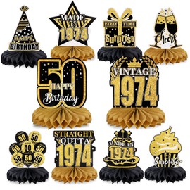 Huiguli 50th Birthday Table Decoration Set, 10 Pieces Black Golden Honeycomb Decoration, Honeycomb Centrepiece Table Decoration, Birthday Party Decoration for 60th Women Men Anniversary Party
