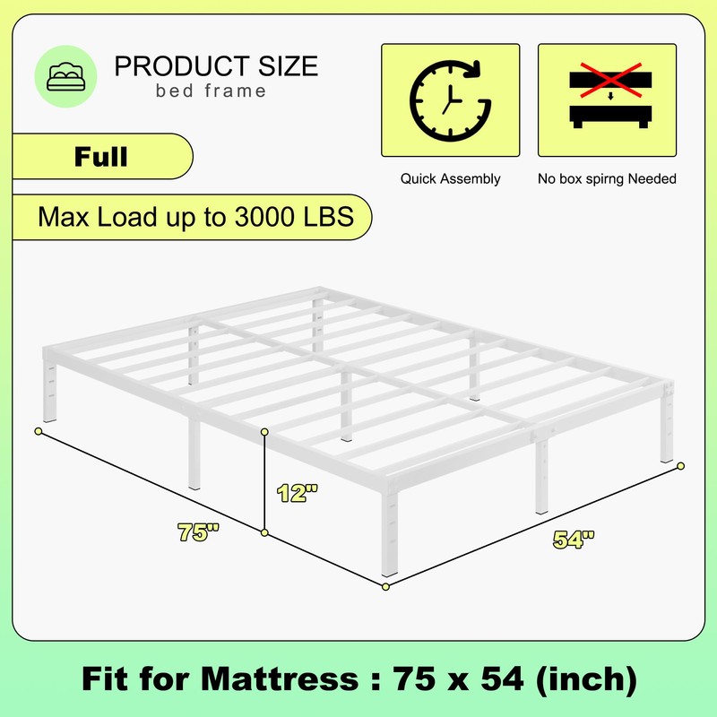 Cieemine 12 Inch White Full Size Bed Frame, Heavy Duty
