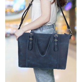 STAR VISTA Scopella Vintage Full Grain Leather Tote, Womens Satchel Handbag, Womens Shoulder bag, YKK Zippers,Adjustable Handles&Strap,Trolley Sleeve (Dark Blue)