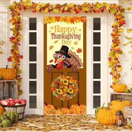 Thanksgiving Door Cover, Turkey and Fall Decor, 71 x 29.5 inches, Indoor Outdoor Holiday Backdrop with Pumpkins and Autumn Leaves