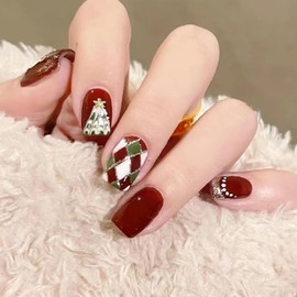 Christmas Press on Nails Red Fake Nails Short Square False Nails Glossy Acrylic Nails Christmas Tree Bear Stick on Nails Cute Glue on Nails Winter Artificial Fake Nails for Women Girls Xmas Manicure