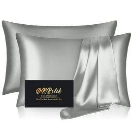 Silk Pillowcase 2 Pack, Mulberry Silk Pillow Cases Queen Size Set of 2, Anti Acne Silk Pillowcase for Hair and Skin, Natural Silk Satin Pillowcases for Sleeping Women 2 Pack with Zipper, Silver Grey
