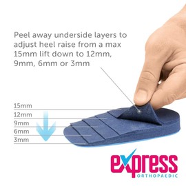 Express Orthopaedic® - Medically Approved Adjustable Heel Raise Shoe Inserts - Offers 15-3mm Heel Lift - 2 Units (Firm Density/Navy, MED - Shoe:(UK)6-9 / (EU)38-42)
