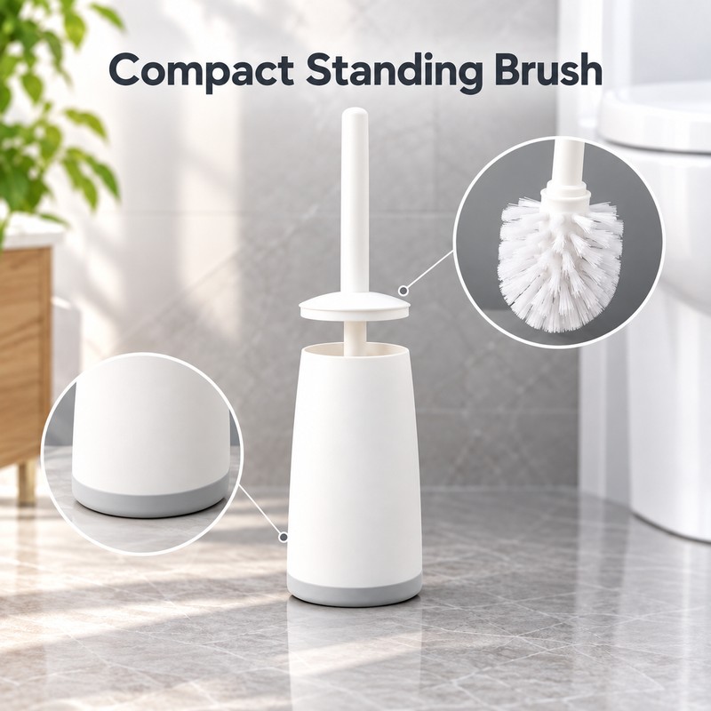Long Handle Toilet Brush with Holder – 360° Round Bristle