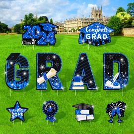 2024 Graduation Yard Sign Decorations Blue Black Congrats Grad Class of 2024 Lawn Signs with Stakes for High School College 2024 Congrats Graduation Outdoor Party Decoration Supplies