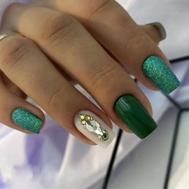 Medium Square Press on Nails Fake Nails Green with Glitter and Rhinestones Designs False Nails Full Cover Glossy Stick on Nails Artificial Glue on Nails Spring Summer Wear Nails for Women Girls