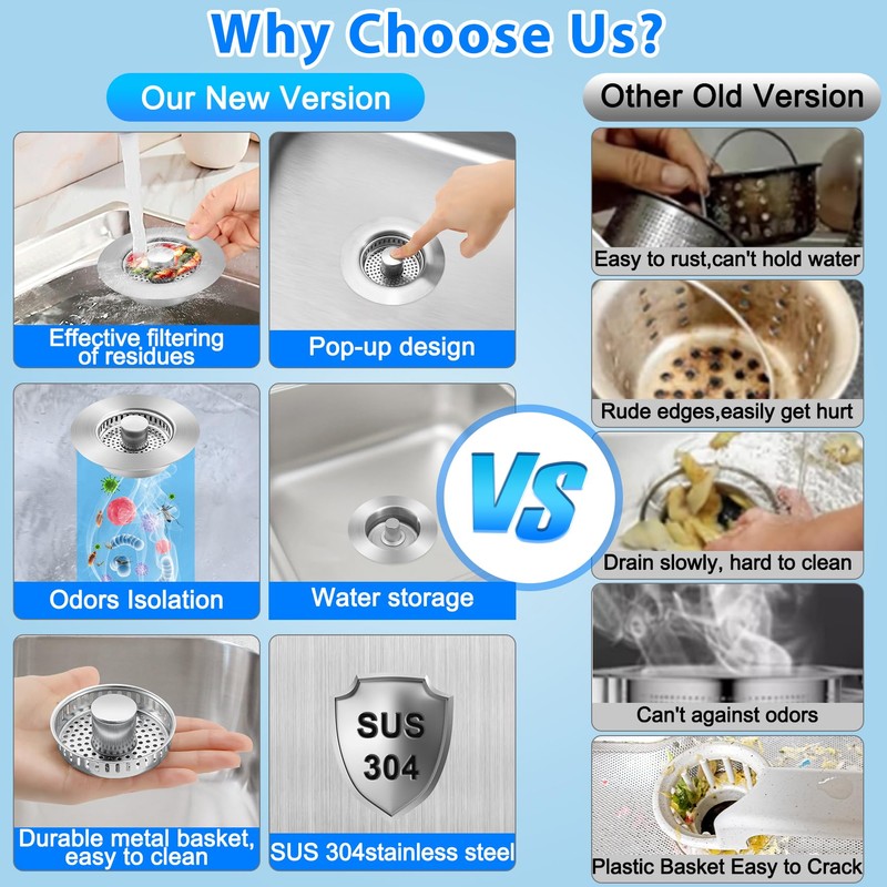 Telsitine Upgraded 3-in-1 Kitchen Sink Drain Strainer, 304 Stainless Steel