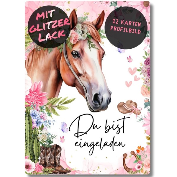 celebr8te 12 x Horse Glitter Invitation Cards – For Girls'
