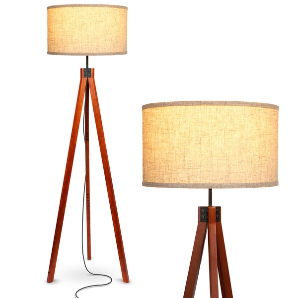 Brightech Eden Tripod LED Floor Lamp – Mid Century Dimmable Modern Light for Contemporary Living Rooms - Tall Free Standing Lamp with Solid Wood Legs for Bedroom, Office - Havana Brown