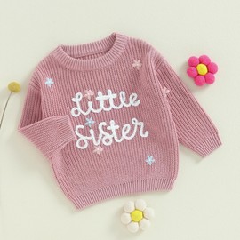 LYSINK Baby Girl Fall Sweater Floral Letter Embroidery Long Sleeve Round Neck Chunky Knitwear Fall Winter Warm Pullover Top (Ba Rose Pink, 0-3 Months)