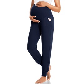 HIGHDAYS Soft Maternity Pants with Pockets, Over Belly Comfy Maternity Leggings, Thick Pregnancy Joggers Sweatpants for Fall Winter Navy Blue XL