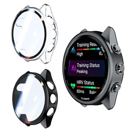 for Gar-min Forerunner 970/570 47mm Case,[2 Pack] Hard PC Case with Tempered Glass Screen Protector,Ultra-Thin Scratch Resistant Cover for Gar-min Forerunner 970-Clear+Black