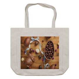 Ambesonne Easter Bunny Shopping Bag, Delicious Chocolate with Eggs Ribbon on a Wooden Table Holiday Preparation, Eco-Friendly Reusable Bag for Groceries Beach and More, 15.5" X 14.5", Cream