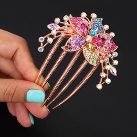 Chargances Gorgeous Colorful Crystal Hair Comb Bridal Wedding Flower Rhinestone Gem Side Comb with Long Teeth Decorative Fashion Hair Accessories for Women and Girls (Colorful)