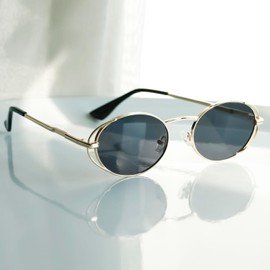 TIANYESY Retro Oval Sunglasses for Women Vintage 90s Sunglasses Small Oval Glasses Narrow Shades UV400 (Gold frame/gray lens)