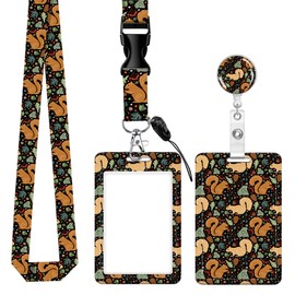 ID Badge Holder with Retractable Badge Reel Clip and Lanyard, Cute Card Name Tag Lanyard Vertical ID Protector Bage Clips for Nurse Doctor Teacher Student(Cute Funny Squirrel and Leaves)