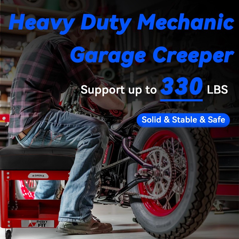 FreekyFit Rolling Creeper Garage Shop Seat for Men, Padded Mechanics