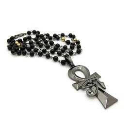 NEW EGYPTIAN ANKH CROSS PENDANT & 30" GLASS BEAD CHAIN HIP HOP NECKLACE - RC2370 (Hematite/Black)