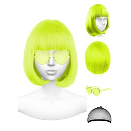 NSODREEM Neon Green Wig and Party Sunglasses, Rainbow Wig with Neon Glasses Wigs for Women, Short Light Lime Green Wigs - Bachelorette Party Decorations Favors (Lemon Green)