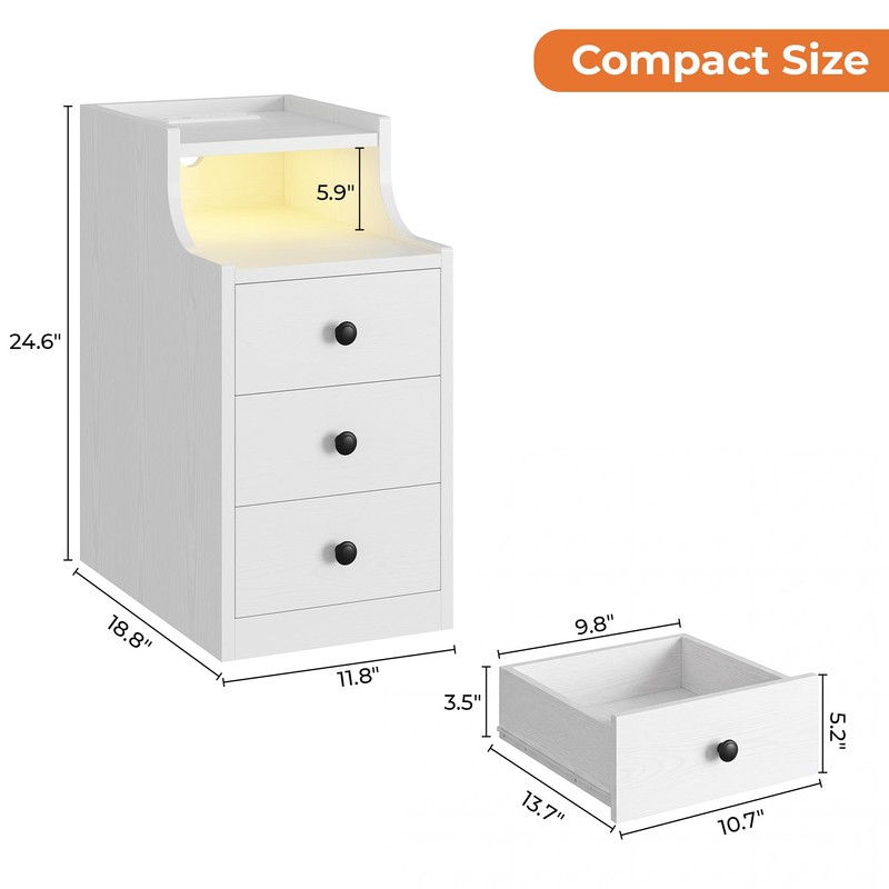 LIKIMIO Narrow Nightstand with Charging Station and LED Lights, Modern