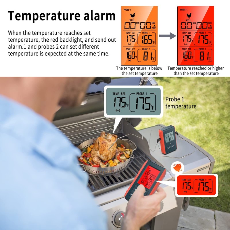 Wireless Meat Thermometer with 2 Propes for Grilling Kitchen Food