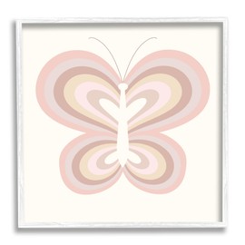 Stupell Industries Kids' Pink Butterfly Illustration Striped Rainbow Wings White Framed Wall Art, 17 x 17