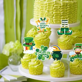 42Pcs Edible St Patrick's Day Cupcake Topper Wafer Paper Lucky Four Leaf Clover Cupcake Toppers Picks for St Patrick's Day Party Irish Holiday Party Decorations