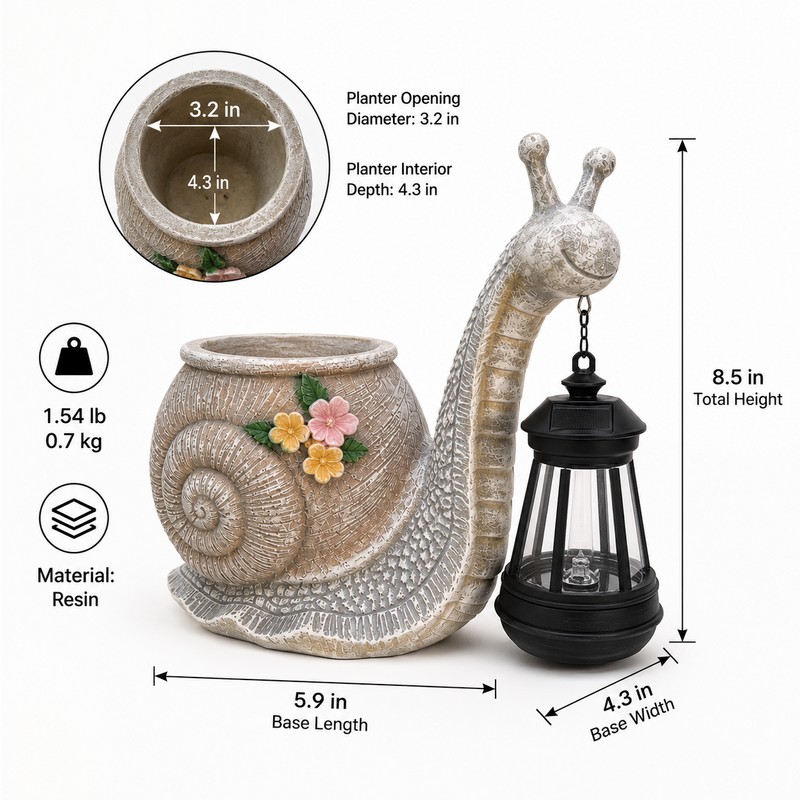 Solar Snail Planter Statue for Garden – Outdoor Resin Decor