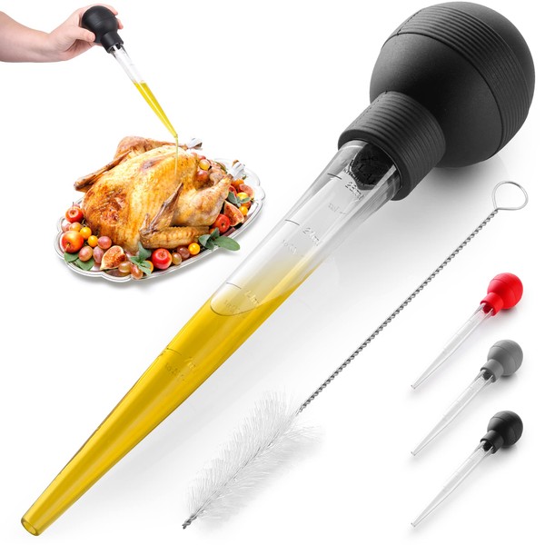 Zulay (Large) Turkey Baster With Cleaning Brush - Food Grade Syringe Baster For Cooking & Basting With Detachable Round Bulb - Ideal For Butter Drippings, Glazes, Roasting Juices for Poultry (Black)