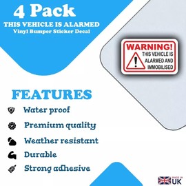 4-Pack - This Vehicle is Alarmed & Immobilised Vinyl Car Stickers - Waterproof, 50mm x 80mm