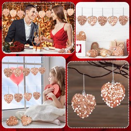 Halloscume 12 Pcs Valentine's Day Heart Ornaments Glitter Sequin Heart Shaped Baubles Decoration Valentines Pearl Foam Hanging Decor for Valentine's Day Tree Crafts Decor(Champagne)
