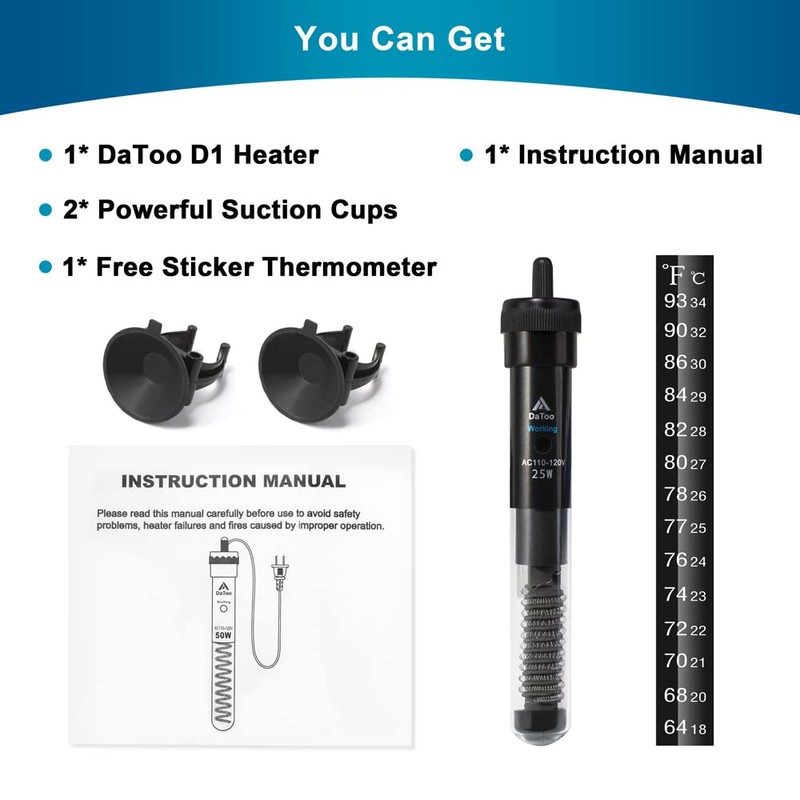 DaToo Aquarium Heater Adjustable 25W Submersible Fish Tank Heater with