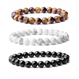 EYLEER 3 Pack 8mm Natural Semi-Precious Gemstones Healing Crystal Stone Stretch Beaded Bracelets Valentine's Day Anniversary Christmas Gift Stocking Stuffers for Men Women Unisex