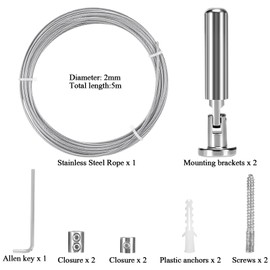 Zyluniy 5 m Wall Mount Set, Stainless Steel Curtain Rope, Curtain Rope System, Stainless Steel Curtain Wire, Rope Tension Set, Curtain Steel Cable for Curtain, Photo Wire, Washing Line, Tension Wire