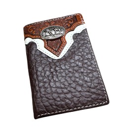 Western Stakes Leather Tri Fold Wallet Cowboy Praying at Cross Concho Tooled Cowboy Floral Embossed Leather Rodeo Wallet Cowboy Style Hand Crafted High End Mens Wallets Leather Gifts For Men (Coffee)