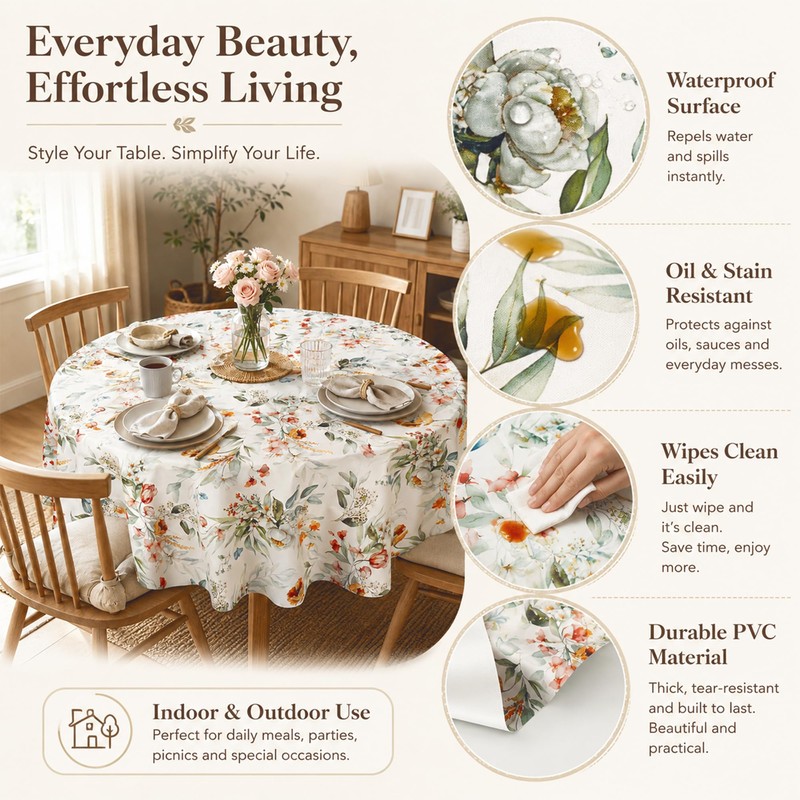 Arquiel Floral PVC Table Cloth Waterproof Oilcloth Round 137x137cm