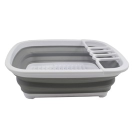 SAMMART 8L (2.11Gallons) Collapsible Plastic Dish Drainer - Foldable Drying Rack Set - Portable Dinnerware Organizer - Space Saving Dishes and Utensil Kitchen Storage (White/Grey, 1)