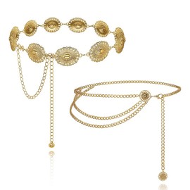 2 PCS Gold Belt Chain Belts for Women, Adjustable Cowgirl Waist Chain for Women,Vintage Women's Belts,Boho Gold Chain Beltss,Western Metal Concho Belt for Dresses,Clothing,Jeans