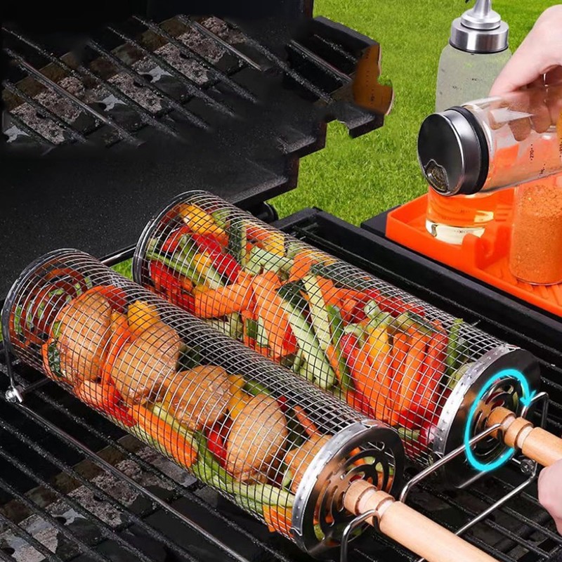 DragonX2 2 Rolling BBQ Baskets with Removable Wooden Handles, Nested