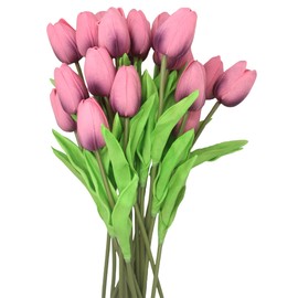 ALIERSA Artificial Flowers 10 Heads Mini Real Touch Artificial Tulip for Home Wedding Party Centerpiece Decoration (Dark Berry Pink)