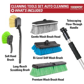 Harper 37518600 6-Piece Car Wash Brush Set with Telescoping Flow-Through Handle, (3) Brush Heads, (1) Soft Hand Brush and (1) Stiff Hand Brush