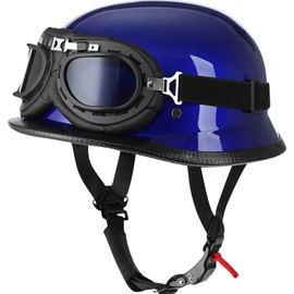 Yesmotor Helmet Half Shell German Motorcycle Helmet with Cycling Glasses - DOT Approved（Dark Blue，2XL）
