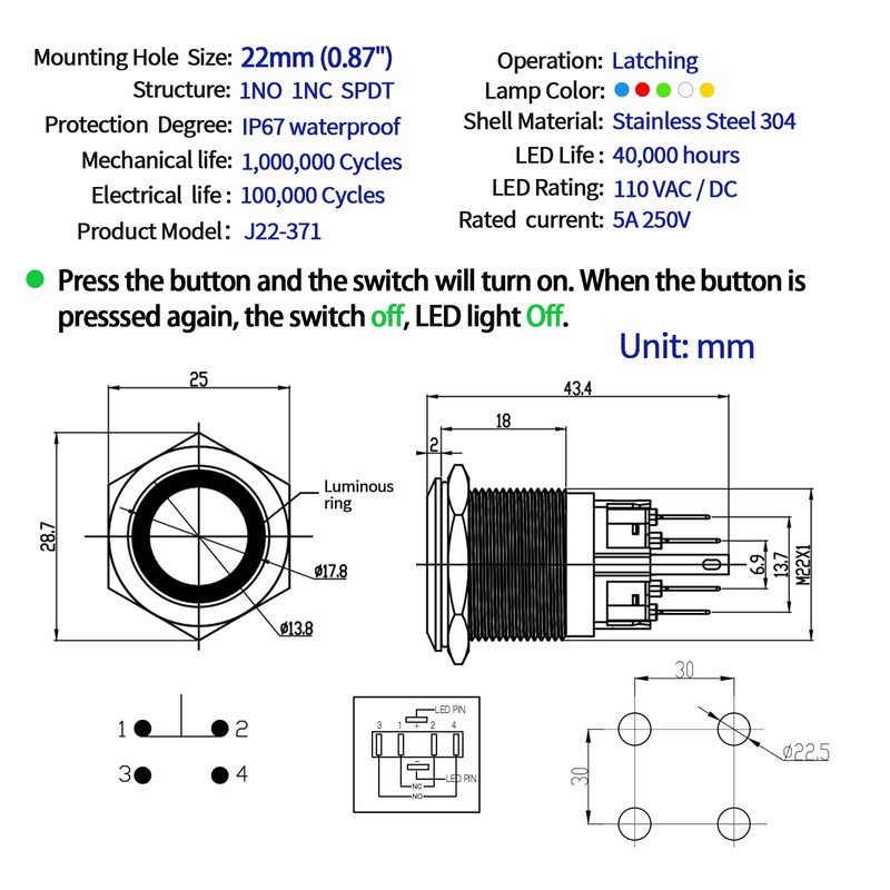 2Pcs 22mm Latching Push Button Switch 12VDC On Off Waterproof