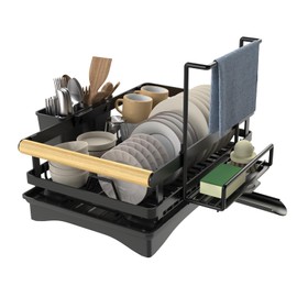 Yawinhe Dish Drying Rack for Kitchen Counter, Space-Saving Dish Rack with Removable Utensil Holder,Drainboard and Spout, for Dishes, Knives, Spoons, and Forks, Black